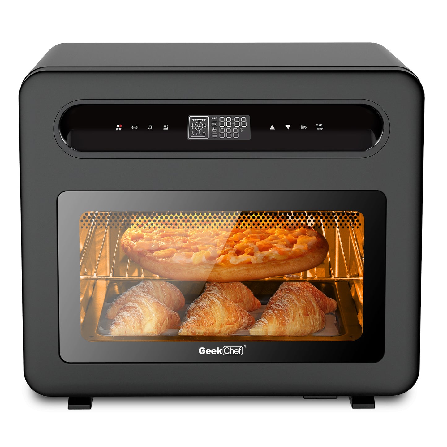 Geek Chef Steam Air Fryer Toast Oven Combo , 26 QT Steam Convection Oven Countertop , 50 Cooking Presets, with 6 Slice Toast, 12" Pizza, Black Stainless Steel. Ban on Amazon