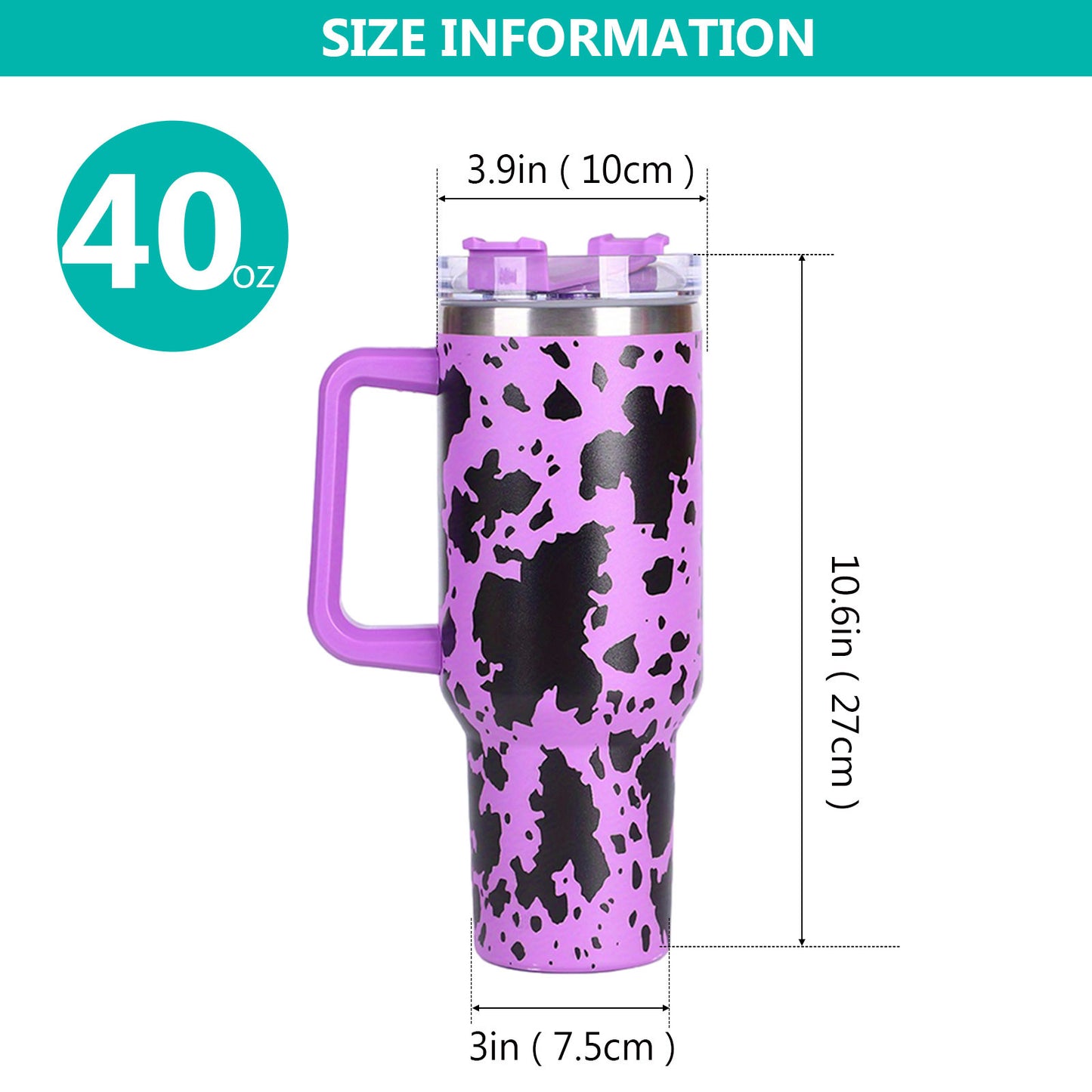 40oz 5D cowprint Insulated Tumbler With Handle And Straw Lid Portable Large Capacity water bottle, Heat preservation,304 Stainless Steel Cup For Outdoor Sports, Travel & Camping Birthday Gift