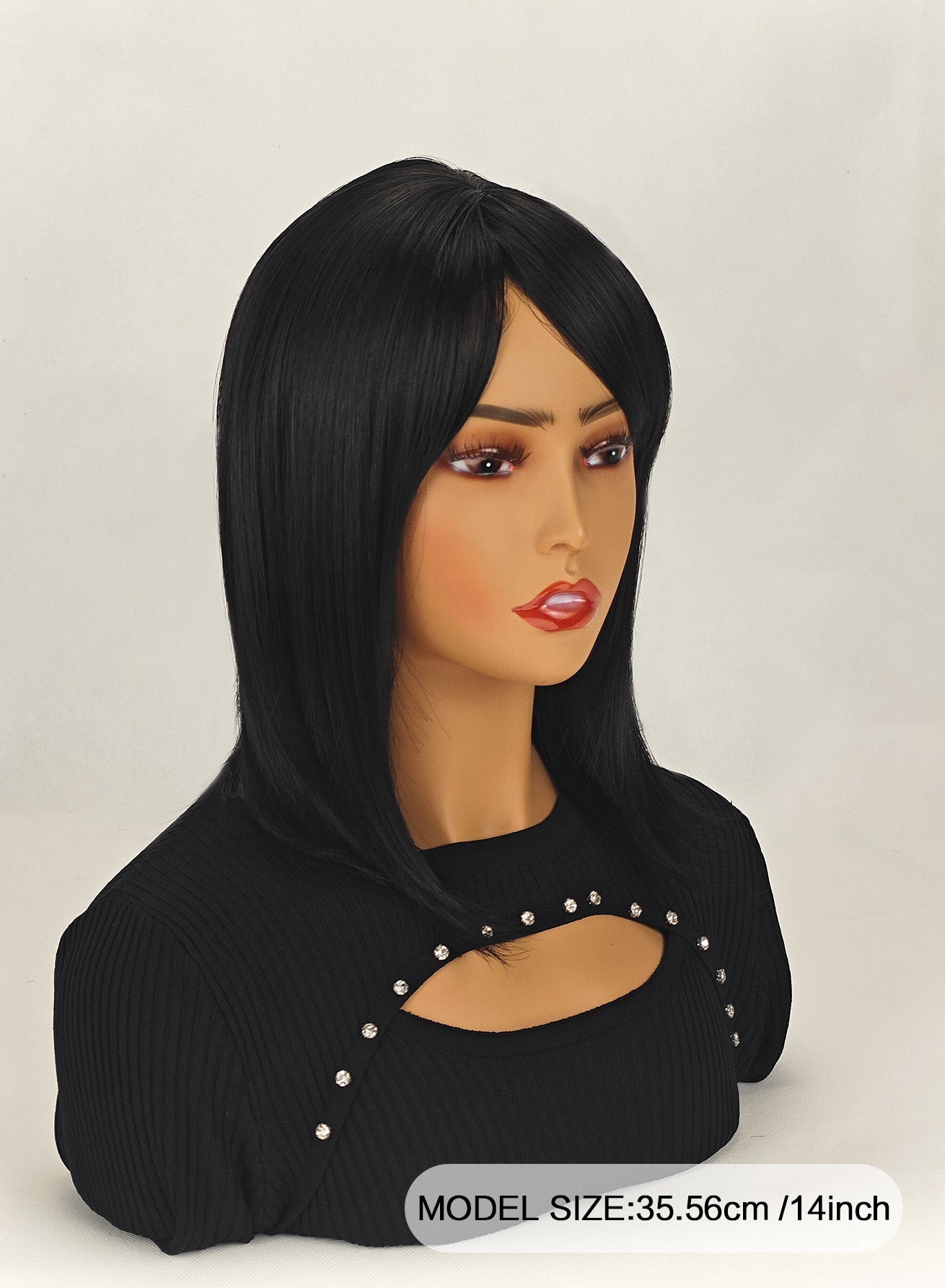 Medium-length straight hair fully machined bangs wig 14 inches natural black heat-resistant fiber high temperature silk wig dyeable and permable bangs synthetic wig