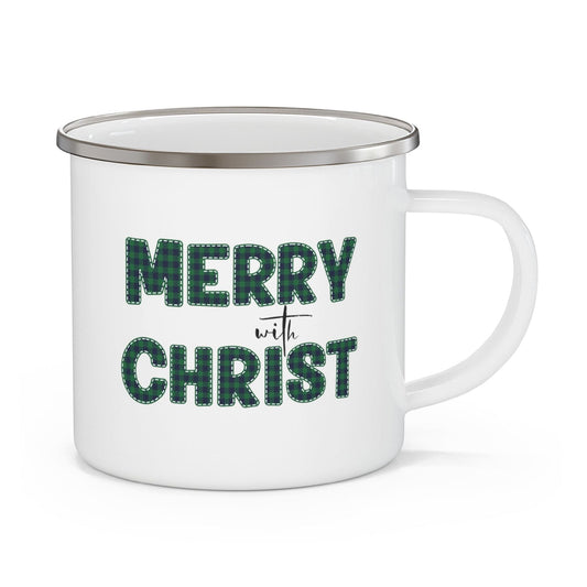 Enamel Camping Mug, Merry With Christ, Green Plaid Christmas Holiday Pattern Print