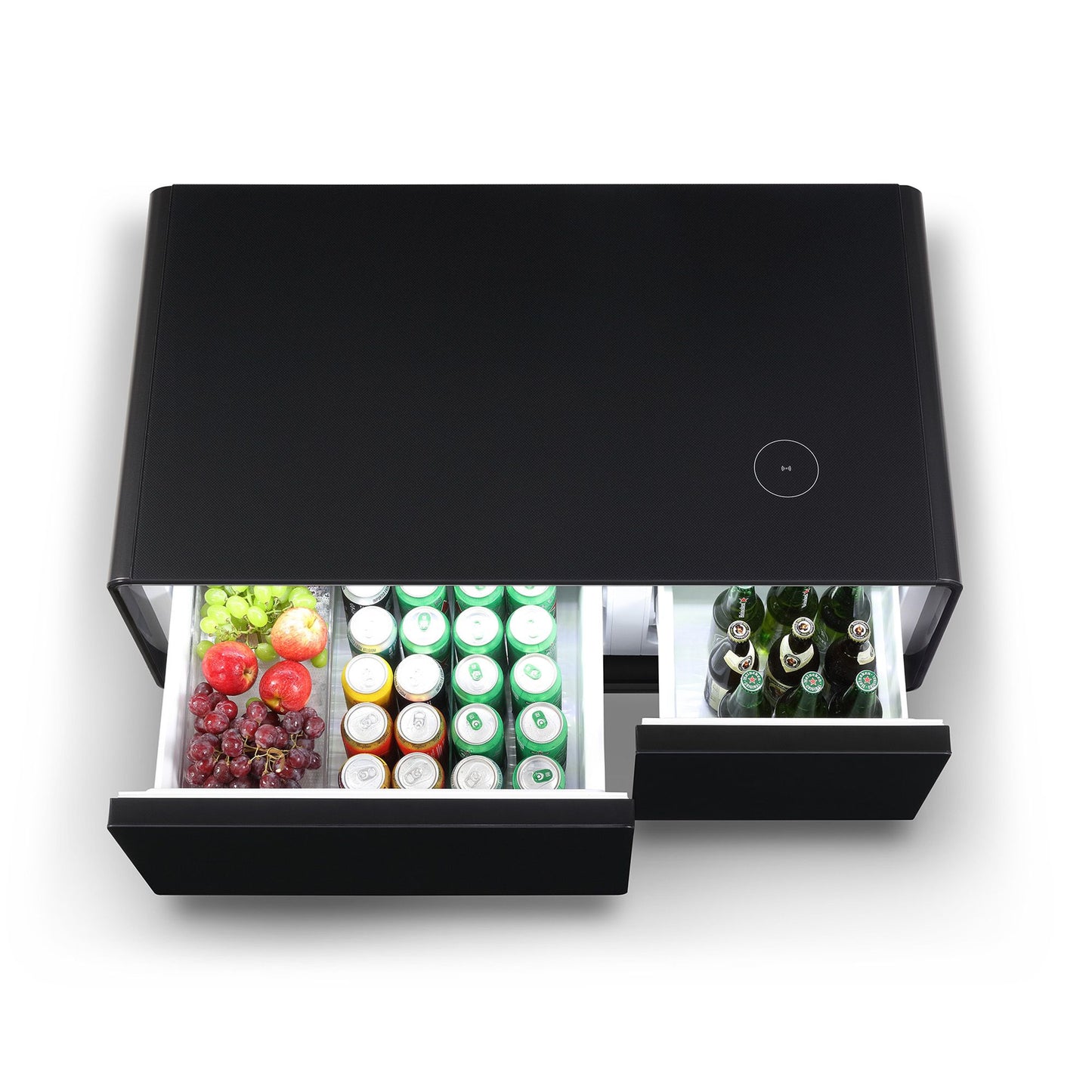 Modern Smart mini Coffee Table with Built in Fridge;  Outlet protection; Wireless charging module; Mechanical temperature control; Power socket; USB interface And power interface.
