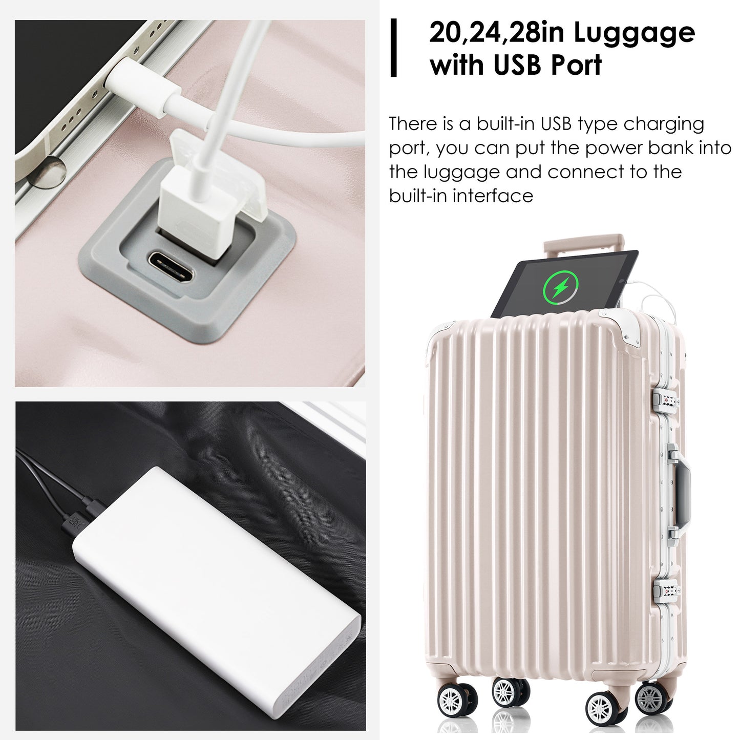 1pc 20in Aluminum Frame Luggage with USB port, Vacation Carry-On Suitcase with Spinner Wheels and TSA Lock, Travel Trolley Case For Short Business Trips, Beach Holidays, pink