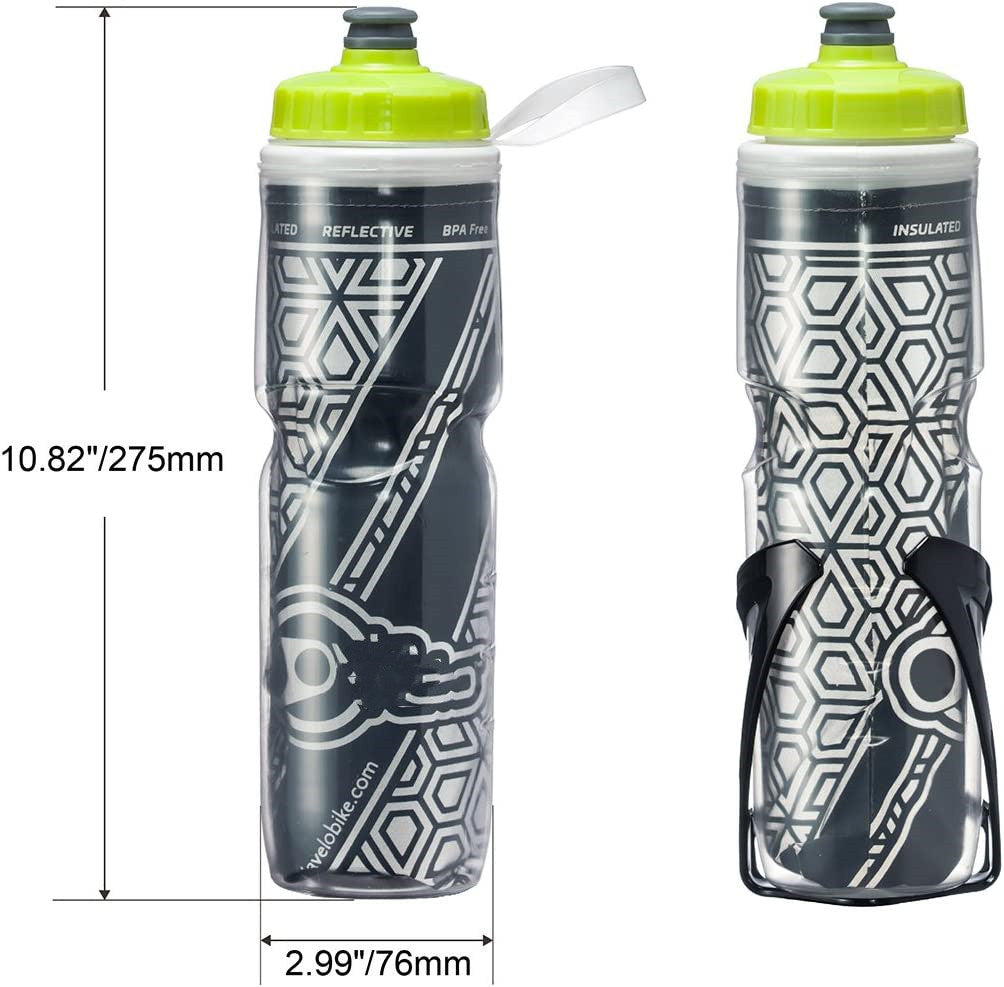 Bicycle Reflective Insulated Water Bottle 26 Oz Capacity BPA-Free Double Insulated Bike Water Bottle With Cage Mount For Sports