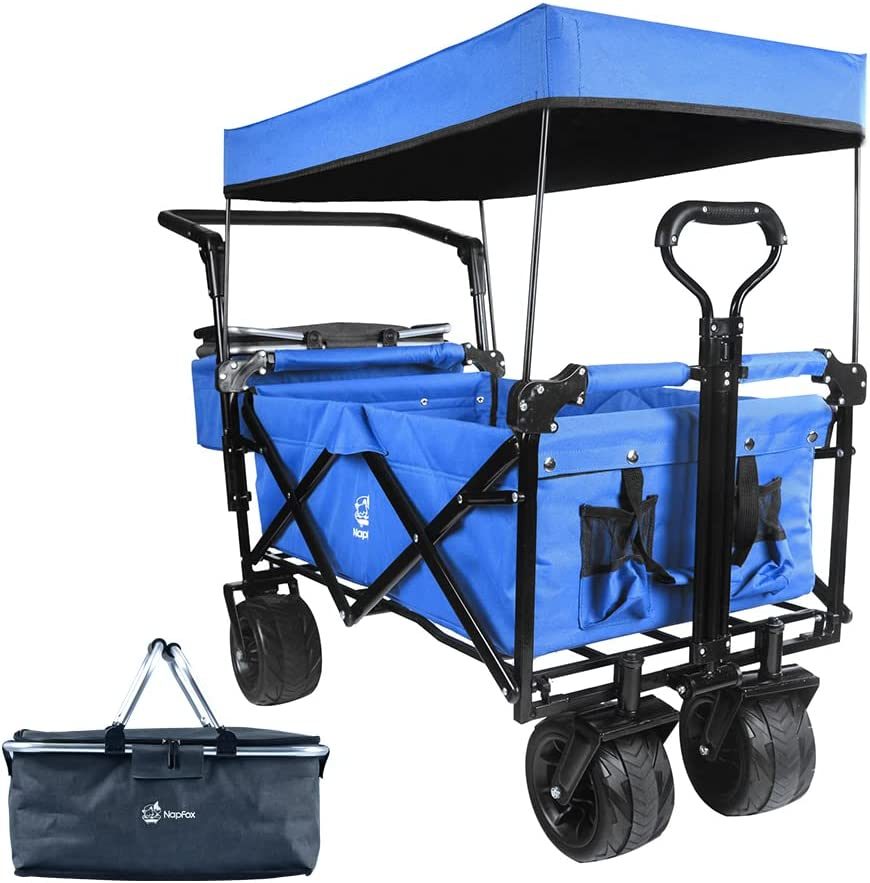 Collapsible Wagon Heavy Duty Folding Wagon Cart with Removable Canopy, 4" Wide Large All Terrain Wheels, Brake, Adjustable Handles,Cooler Bag Utility Carts for Outdoor Garden Beach