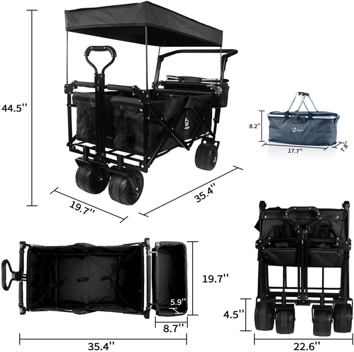 Collapsible Wagon Heavy Duty Folding Wagon Cart with Removable Canopy, 4" Wide Large All Terrain Wheels, Brake, Adjustable Handles,Cooler Bag Utility Carts for Outdoor Garden Beach