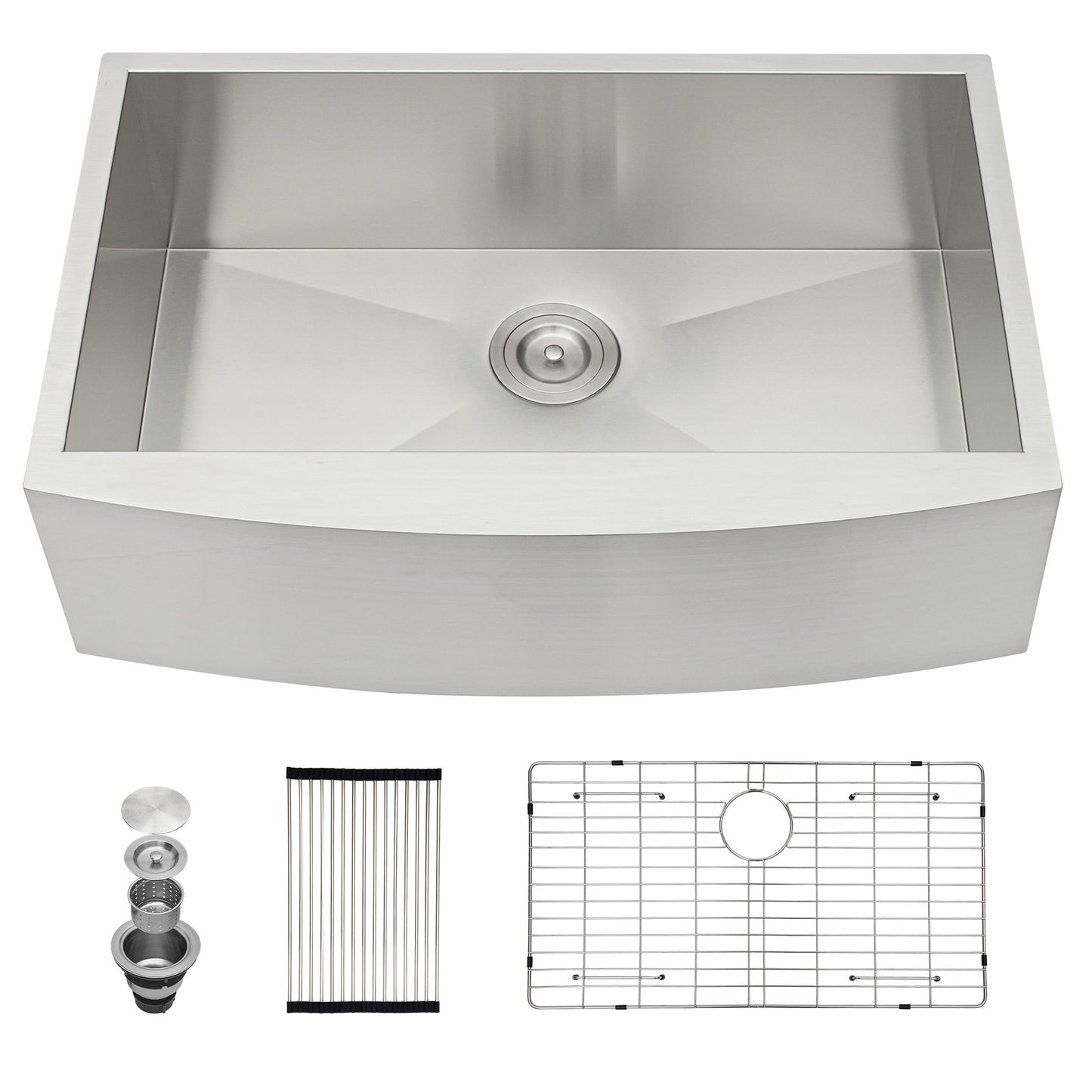 Farmhouse Apron Handmade Stainless Steel Kitchen Sink, Apron Front Single Bowl Bar Sink with Drain Kit