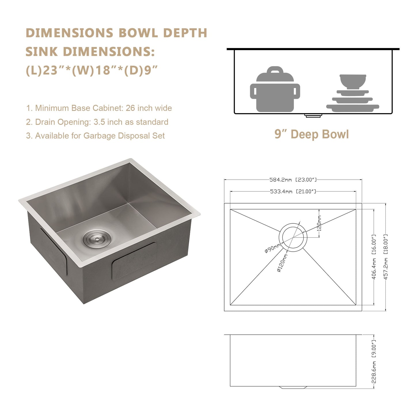 Undermount Sink Stainless Steel 18 Gauge Single Bowl Kitchen Sink Basin with Strainer