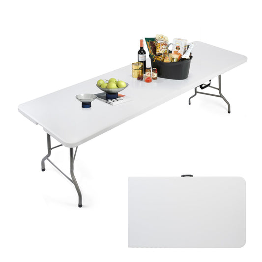 8ft Portable Folding Plastic Table for 8-10 Picnic Dining Table 96" with Carry Handle, White