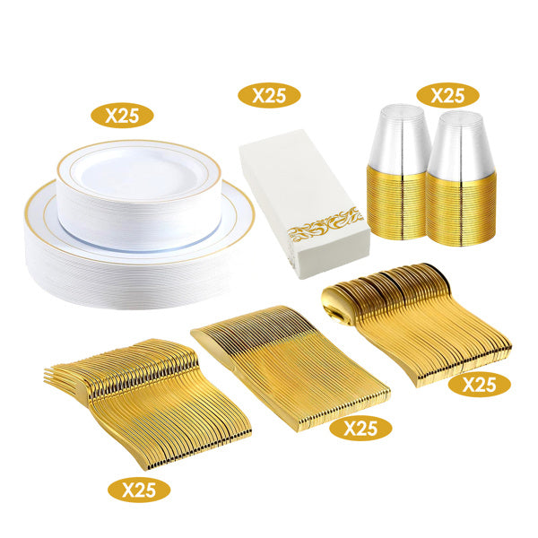 175Pcs Disposable Gold Dinnerware Set Gold Rim Plastic Plates Cups Fork Spoon Knife Paper Napkins for Party Wedding Graduation