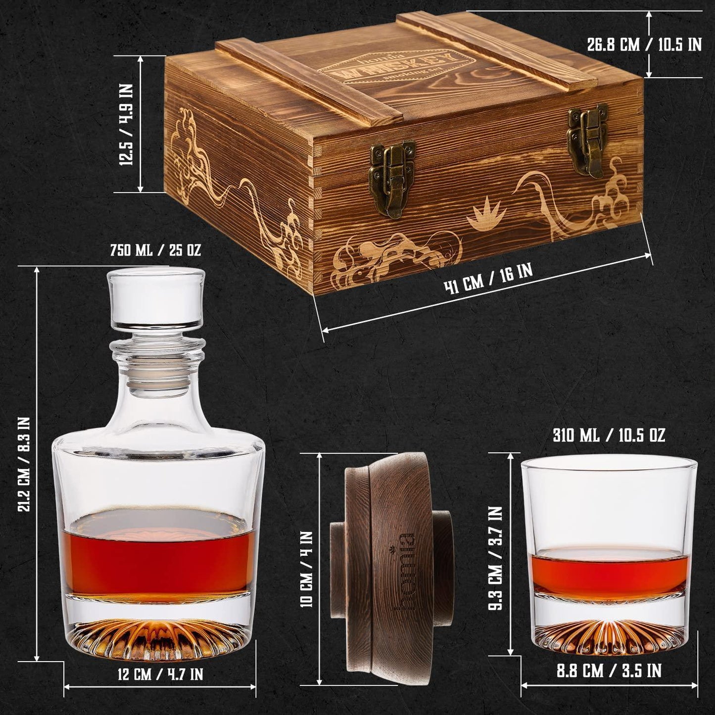 Whiskey Gift Set 14 pcs Whiskey Bottle and Old Fashioned Glasses 2 pcs Cocktail Smoker in Wodden Box with Wood Chips Whickey Stones 6 pcs included Gift for Men