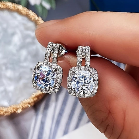 "2CT Cushion Moissanite Stud Drop Earrings D Color Lab Created Diamond Sterling Silver  Platinum Plated Square Halo Earrings for Women Birthday Jewelry Gifts"