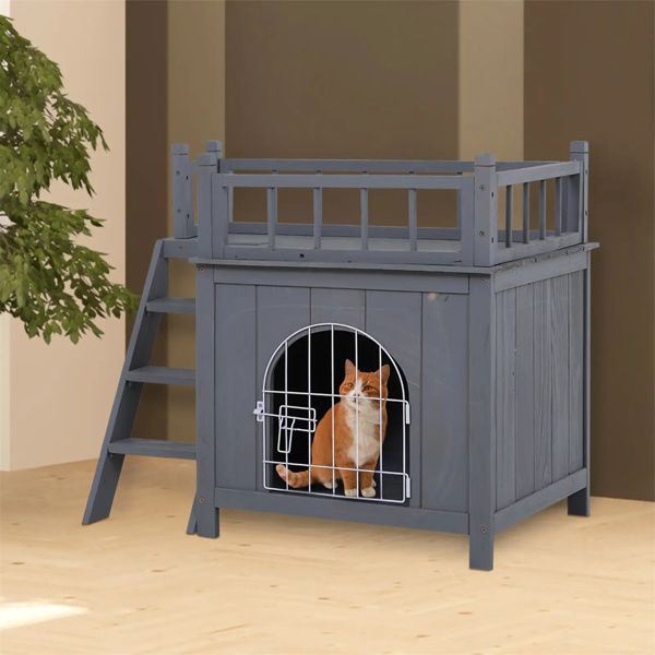 Grey 2-Level Wooden Cat House with Lockable Wire Door