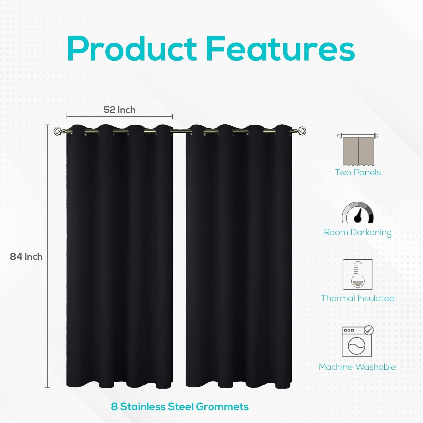 Blackout Curtains for Bedroom Pack of 2 Window Hanging Panels 52 x 84 inch Black Blind Off Grommet Curtains Thick Black Out Window Screen No Light Drapes