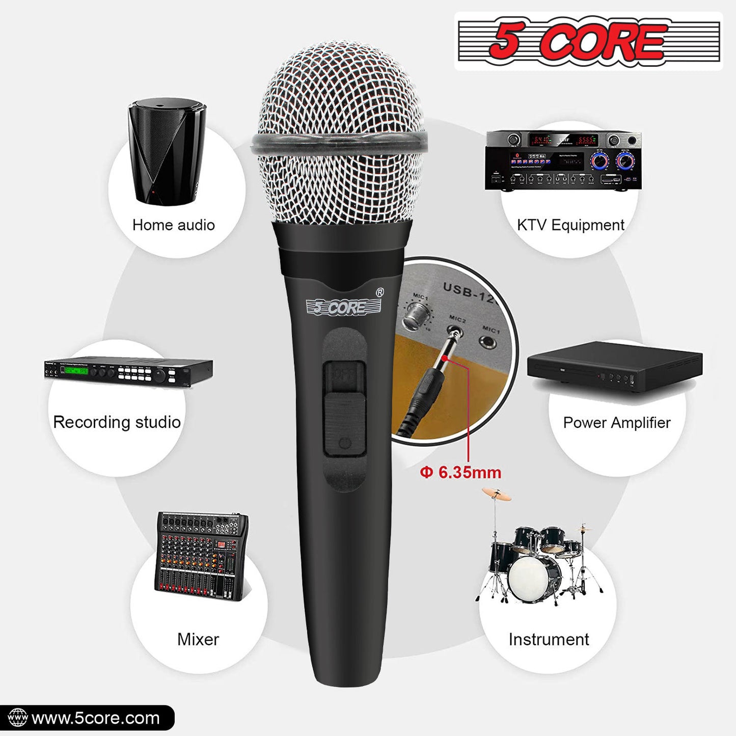 5 Core Microphone XLR Dynamic Mic Karaoke Singing Handheld Microfono Wired Professional Unidirectional 1/4 Plug In Cord Connection for Vocal DJ Music - PM 600