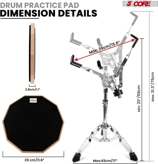 5 Core Drum Throne Adjustable Guitar Stool Padded Seat + Drum Practice Pad Snare Drumming Stand - DS CH BLK + DPAD COMBO BLK