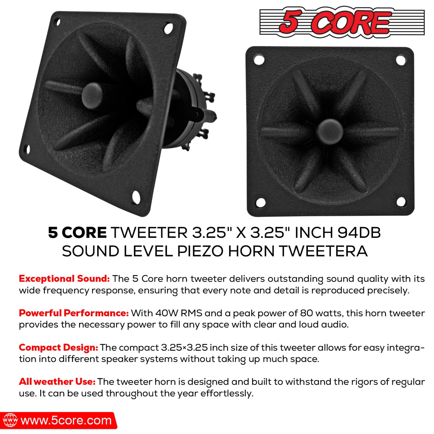 5 Core Tweeter 3.25\" x 3.25\" • 40W Max Component Square Driver • Piezo Horn Element Super Replacement DJ Tweeters • for Smooth Extended Frequency Response- TW 303 SQ