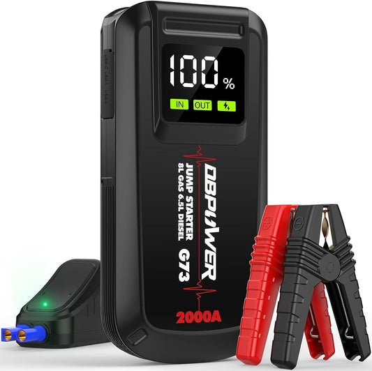 DBPOWER Jump Starter 2000A Peak Portable Car Jump Starter for Up to 8.0L Gas and 6.5L Diesel Engines, 12V Lithium Battery Booster Pack with 2.5" LCD Display, Smart Jumper Cables, ET03, shipped by FBA