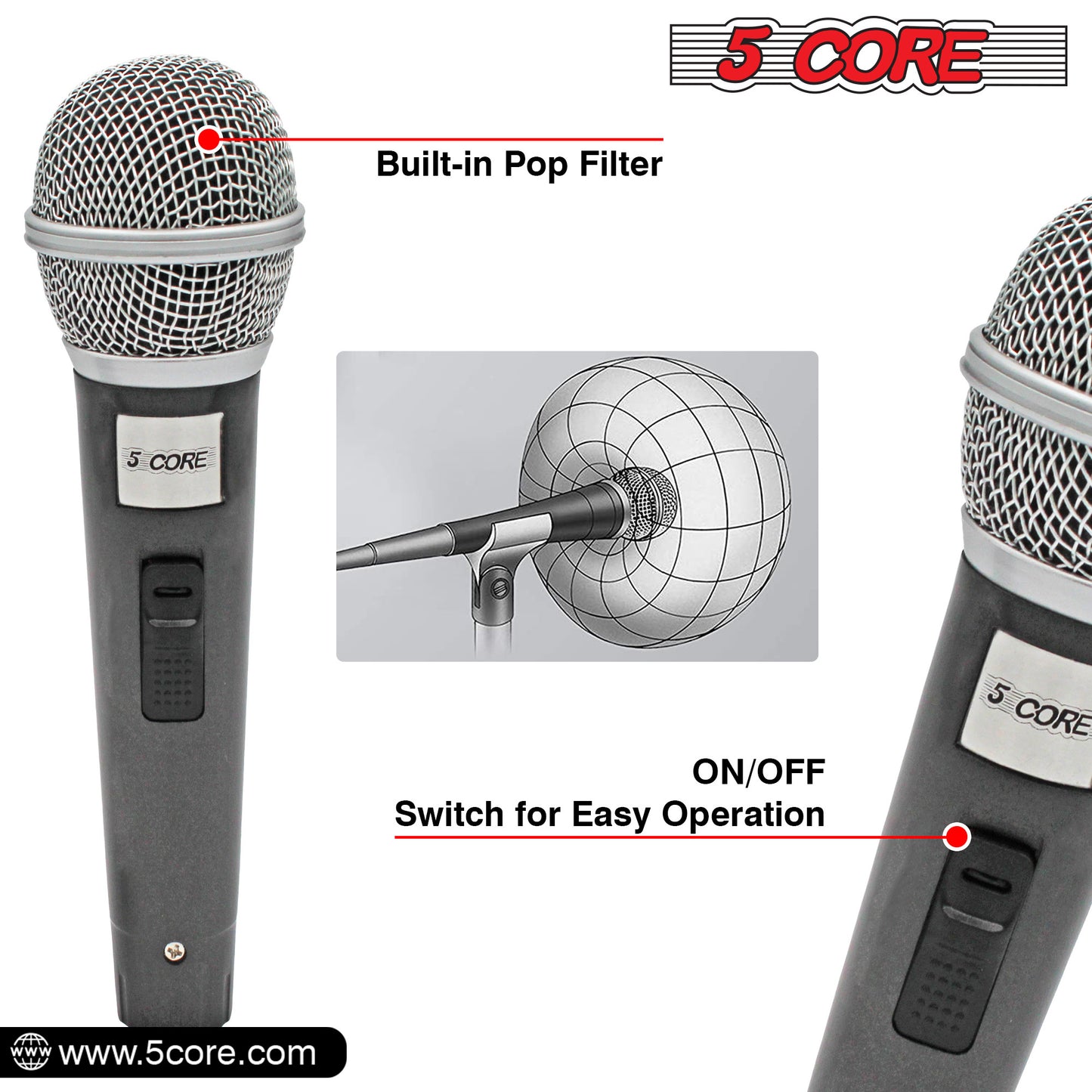 5 Core Microphone XLR Dynamic Mic Karaoke Singing Handheld Microfono Wired Professional Unidirectional 1/4 Plug In Cord Connection for Vocal DJ Music - PM 18