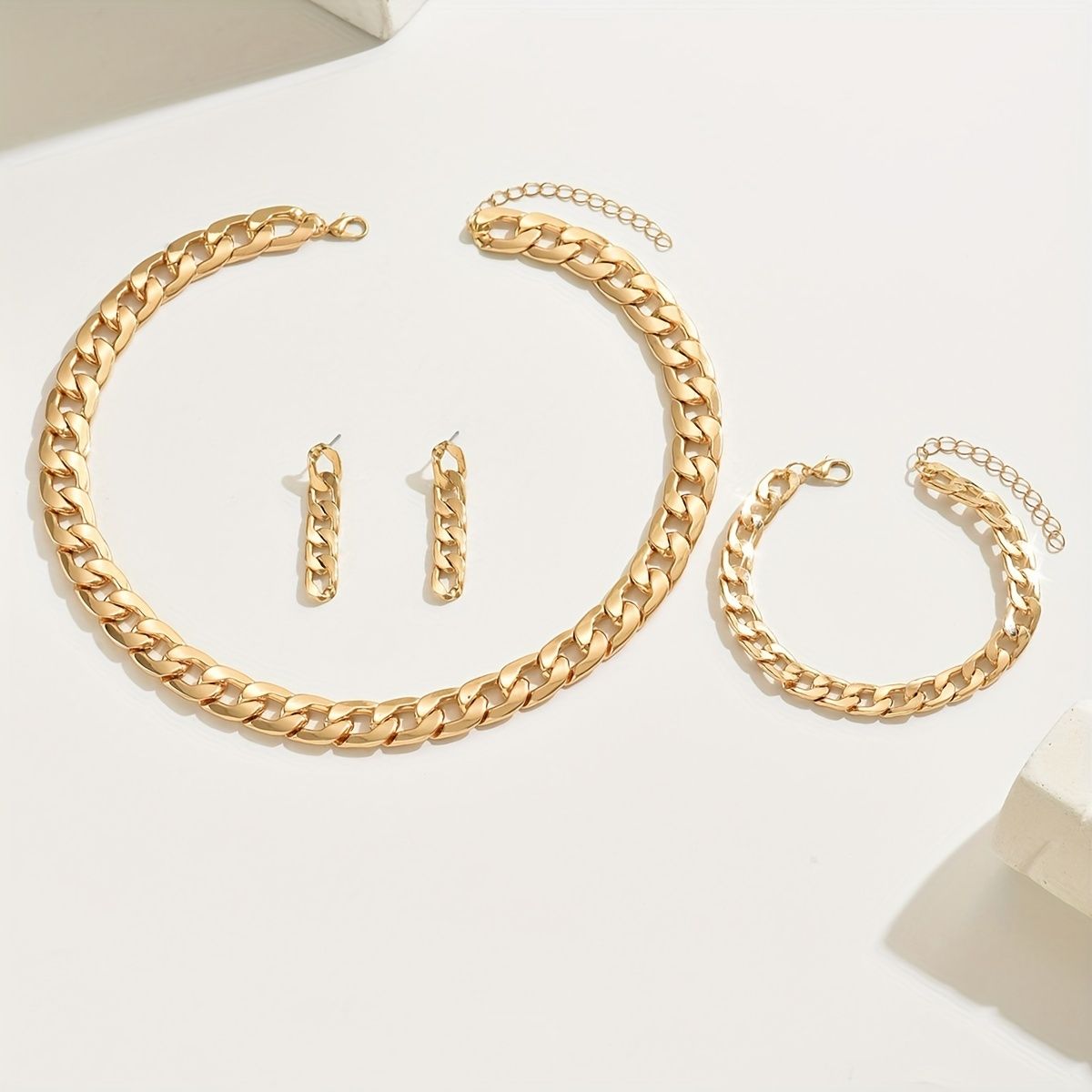 Stylish Gold Chain Link Necklace,  Bracelet, and Earring Set