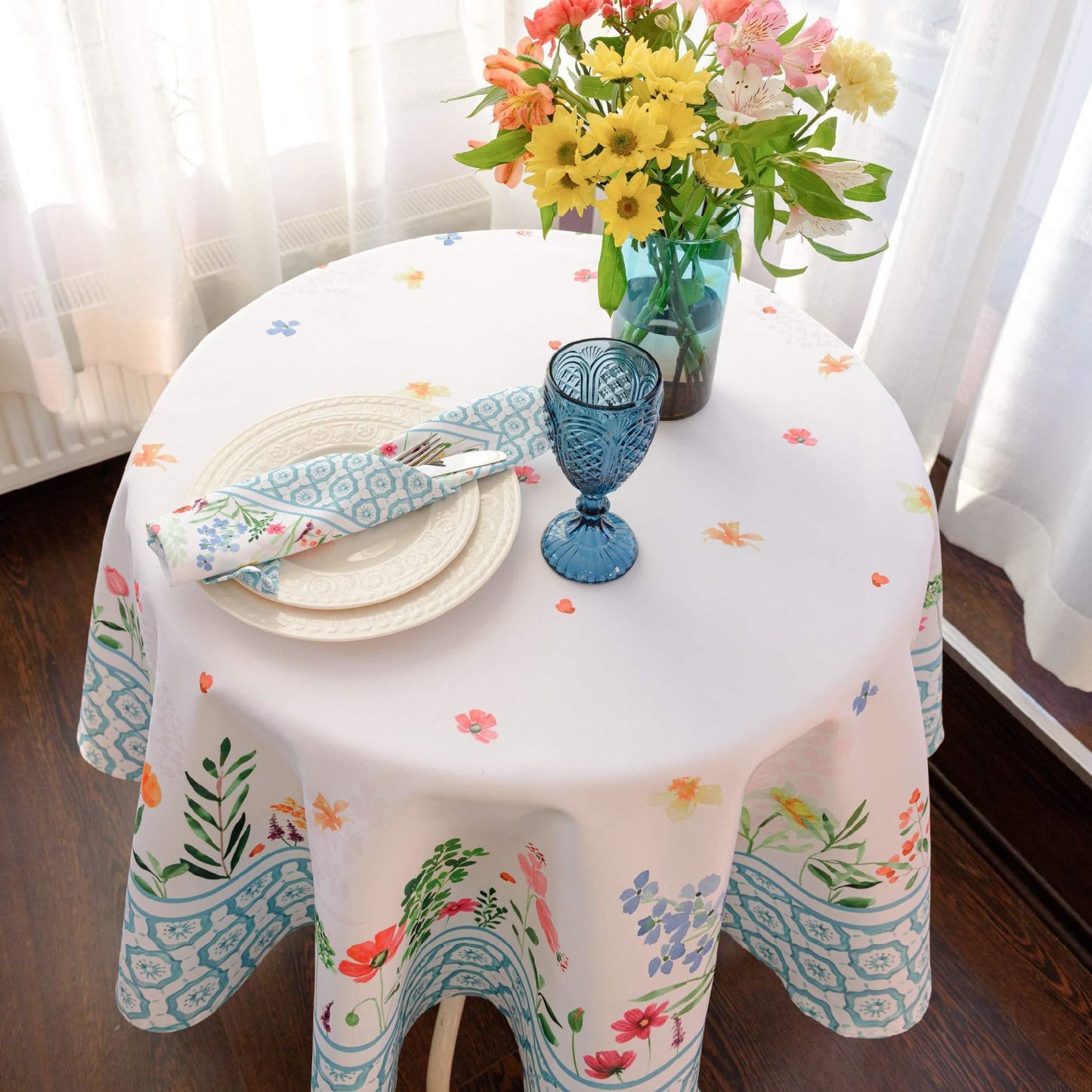 Floral Coloring Round Easter Tablecloth Non Iron Stain Resistant Table Cover Diameter 60 inch