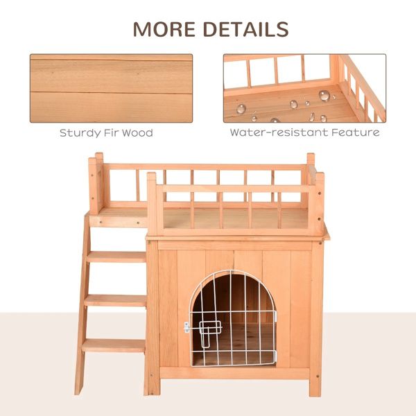 Natural Wood 2-Level Wooden Cat House with Lockable Wire Door