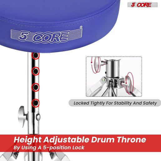 5Core Drum Throne Adjustable Guitar Stool Padded Seat + Drum Practice Pad Snare Drumming Stand - DS CH BLU + DPAD COMBO BLU