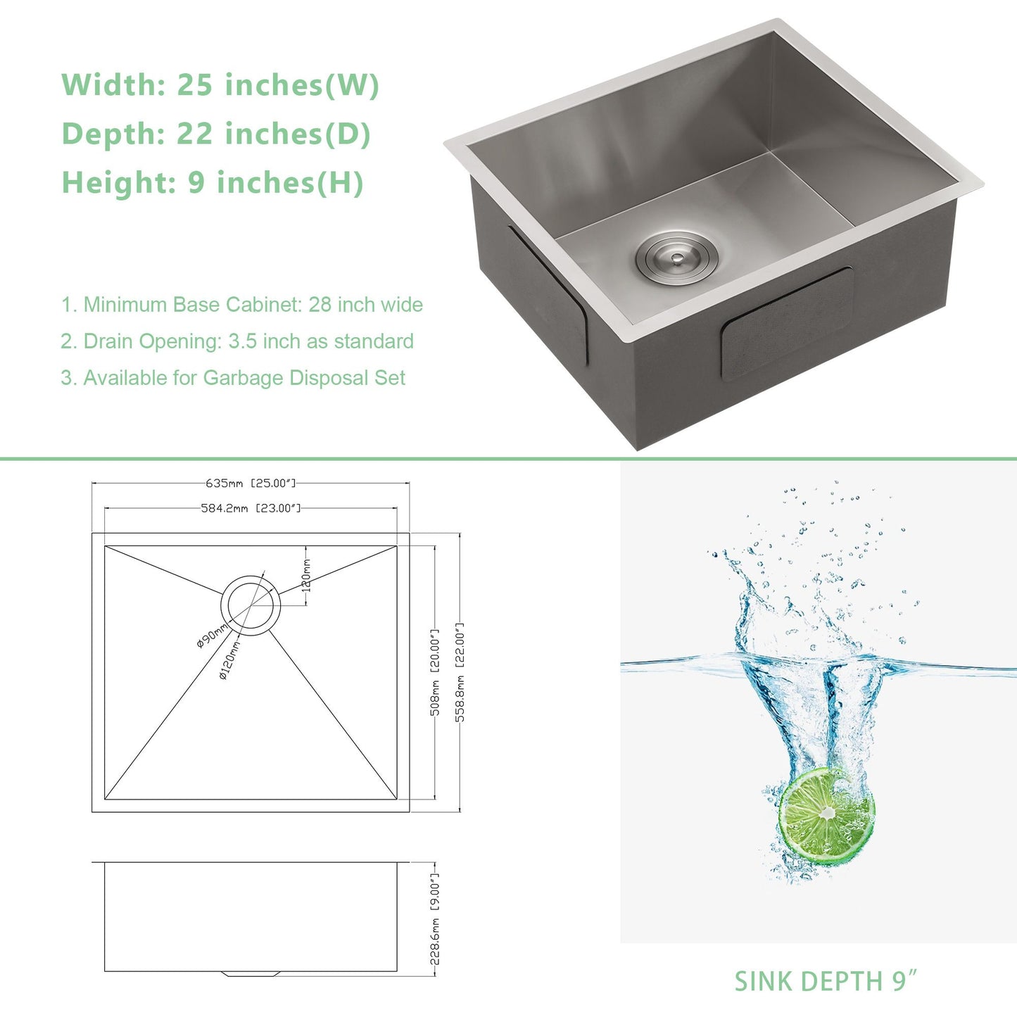 25"x22" Undermount  Handmade Stainless Steel Kitchen Sink,18 Gauge Small Single Bowl Bar Sink with Drain Kit