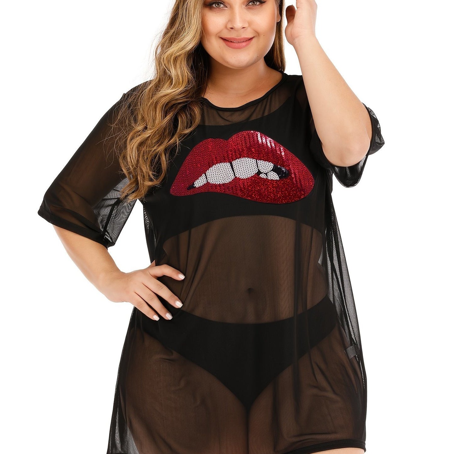 Plus Size Sequin Lip Print Semi Sheer Cover Ups; Women's Plus Sexy Slight Stretch Cover Ups