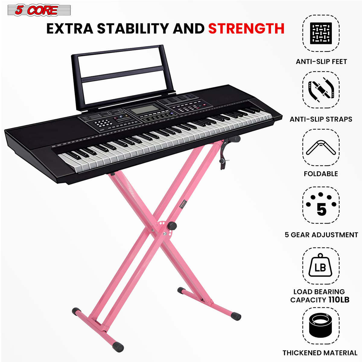 5 Core Keyboard Stand Digital Piano Riser Adjustable X Style Heavy Duty Electric Key Board Casio Synth Holder Foldable Portable Fits 54 61 88 Keys - KS 2X