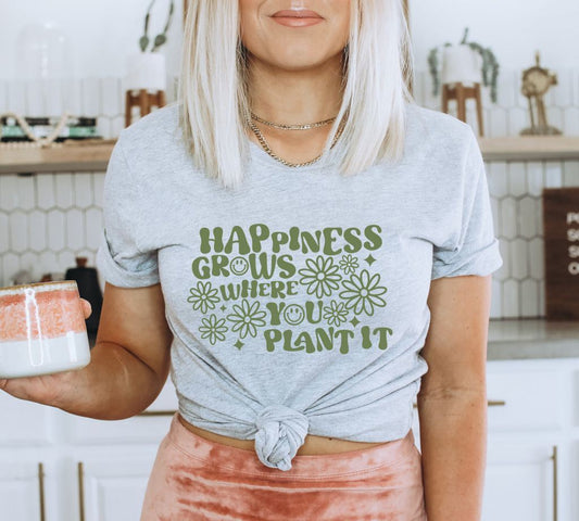 Happiness Grows Where You Plant It T-shirt, Inspirational Shirt, Motivational Gift, Retro Flower Gift, Kindness Top, Positive Shirt