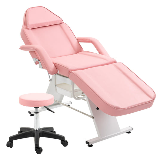 Massage Salon Tattoo Chair with Two Trays Esthetician Bed with Hydraulic Stool,Multi-Purpose 3-Section Facial Bed Table, Adjustable Beauty Barber Spa Beauty Equipment, Pink