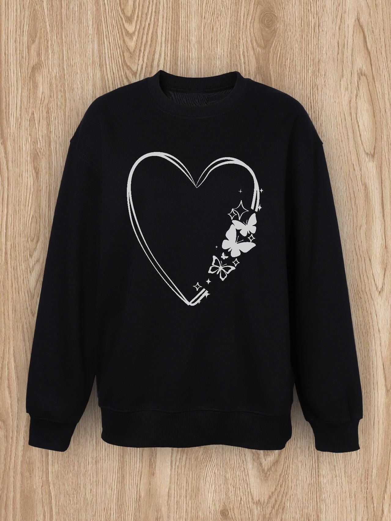 Women Basic Casual Pullover Spring Autumn Long Sleeve Love Print Printed Round Neck Black