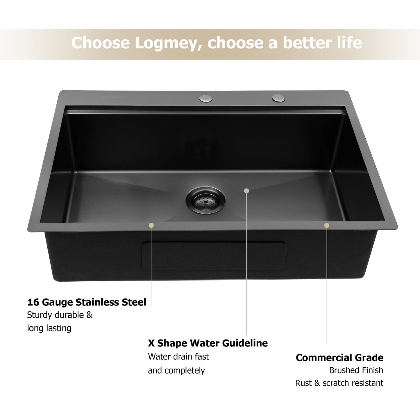 Lordear Drop In Workstation Sink Topmount 16 Gauge Stainless Steel or Gunmetal Black Single Bowl Kitchen Sink