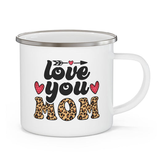 Enamel Camping Mug, Love You Mom Leopard Print Black Illustration