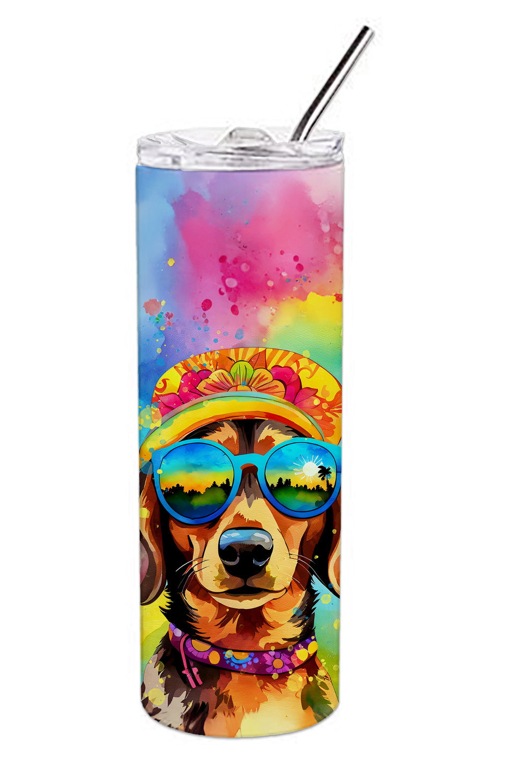 Dachshund Hippie Dawg Stainless Steel Skinny Tumbler Vacuum Double Walled Reusable Insulated Tumbler Travel Cup for Coffee Cocktails Gift with Lid, 20 oz