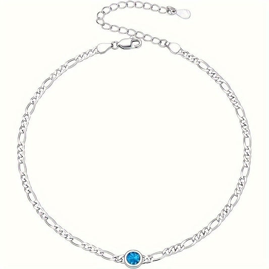 "SILVERCUTE 3mm/5mm Chain Bracelet for Women Sterling Silver  Figaro Chain Link Bracelet with Heart or Round Birthstone"