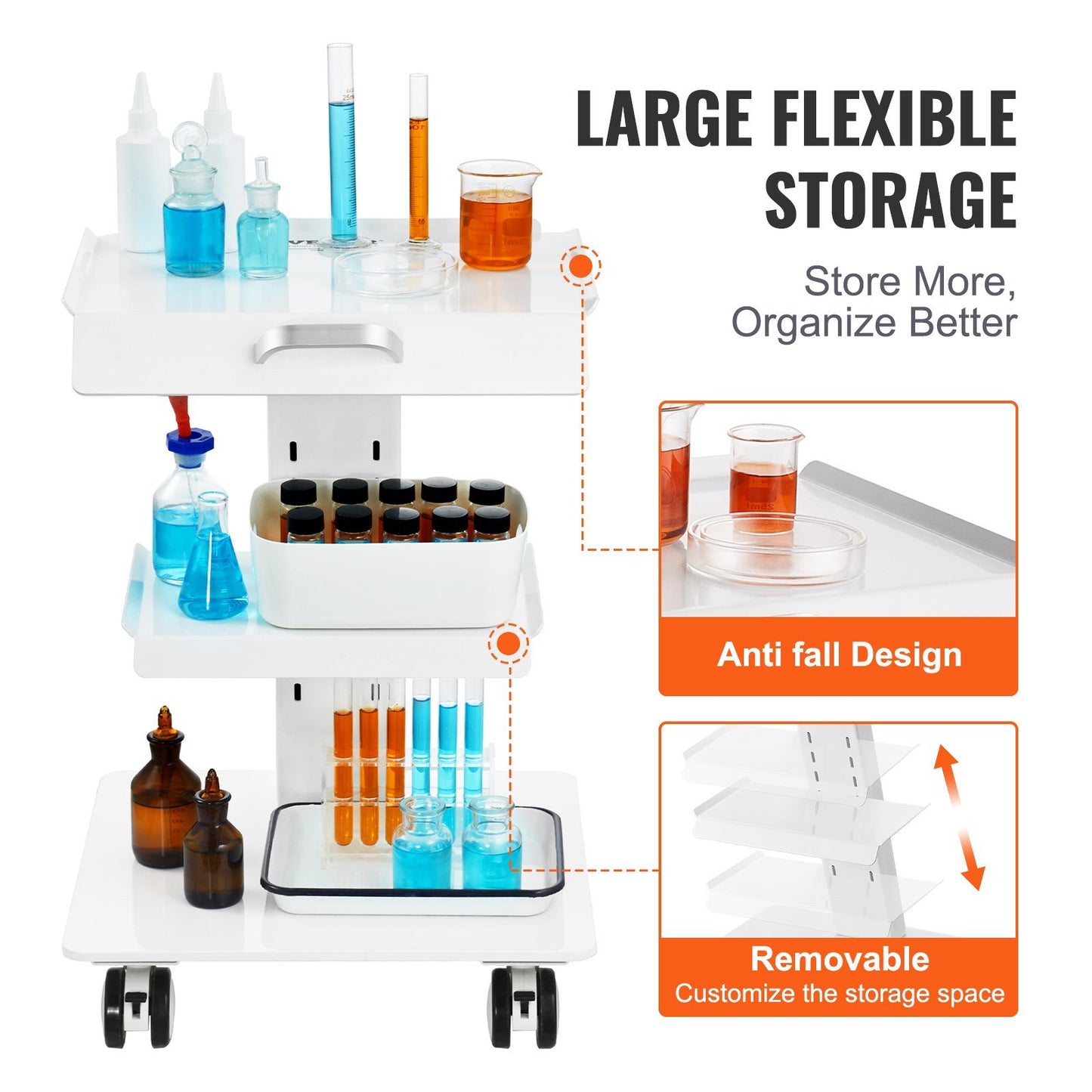 VEVOR Lab Trolley, 3-Layer Rolling Lab Cart, Metal Mobile Trolley with Swivel Wheels, Tray Rolling Clinic Cart 220 lbs Weight Capacity, for Lab, Clinic, Beauty and Salon