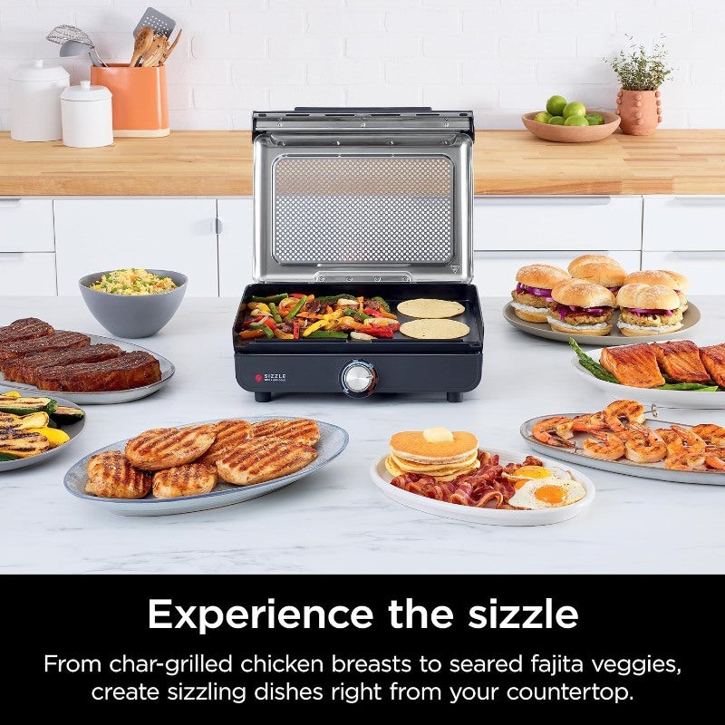 Ninja GR101 Sizzle Smokeless Indoor Grill & Griddle, 14'' Interchangeable Nonstick Plates, Dishwasher-Safe Removable