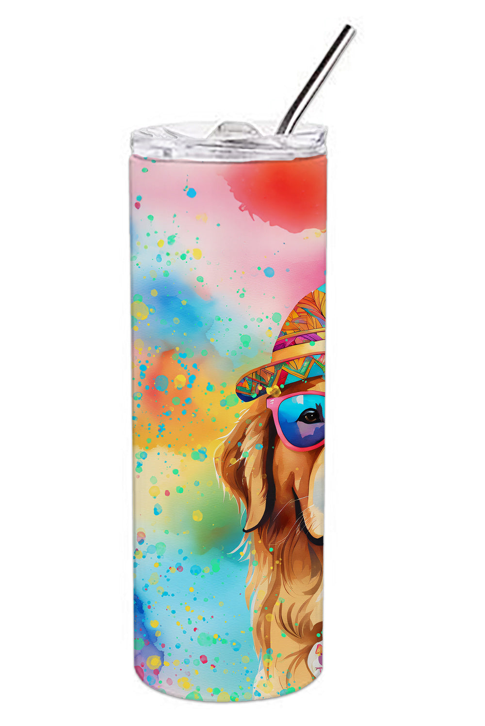 Golden Retriever Hippie Dawg Stainless Steel Skinny Tumbler Vacuum Double Walled Reusable Insulated Tumbler Travel Cup for Coffee Cocktails Gift with Lid, 20 oz