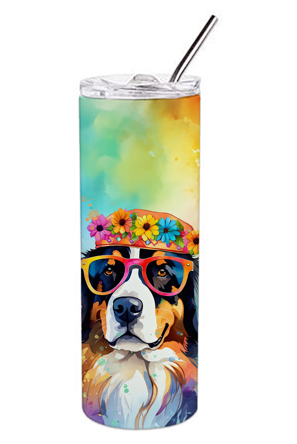 Bernese Mountain Dog Hippie Dawg Stainless Steel Skinny Tumbler Vacuum Double Walled Reusable Insulated Tumbler Travel Cup for Coffee Cocktails Gift with Lid, 20 oz