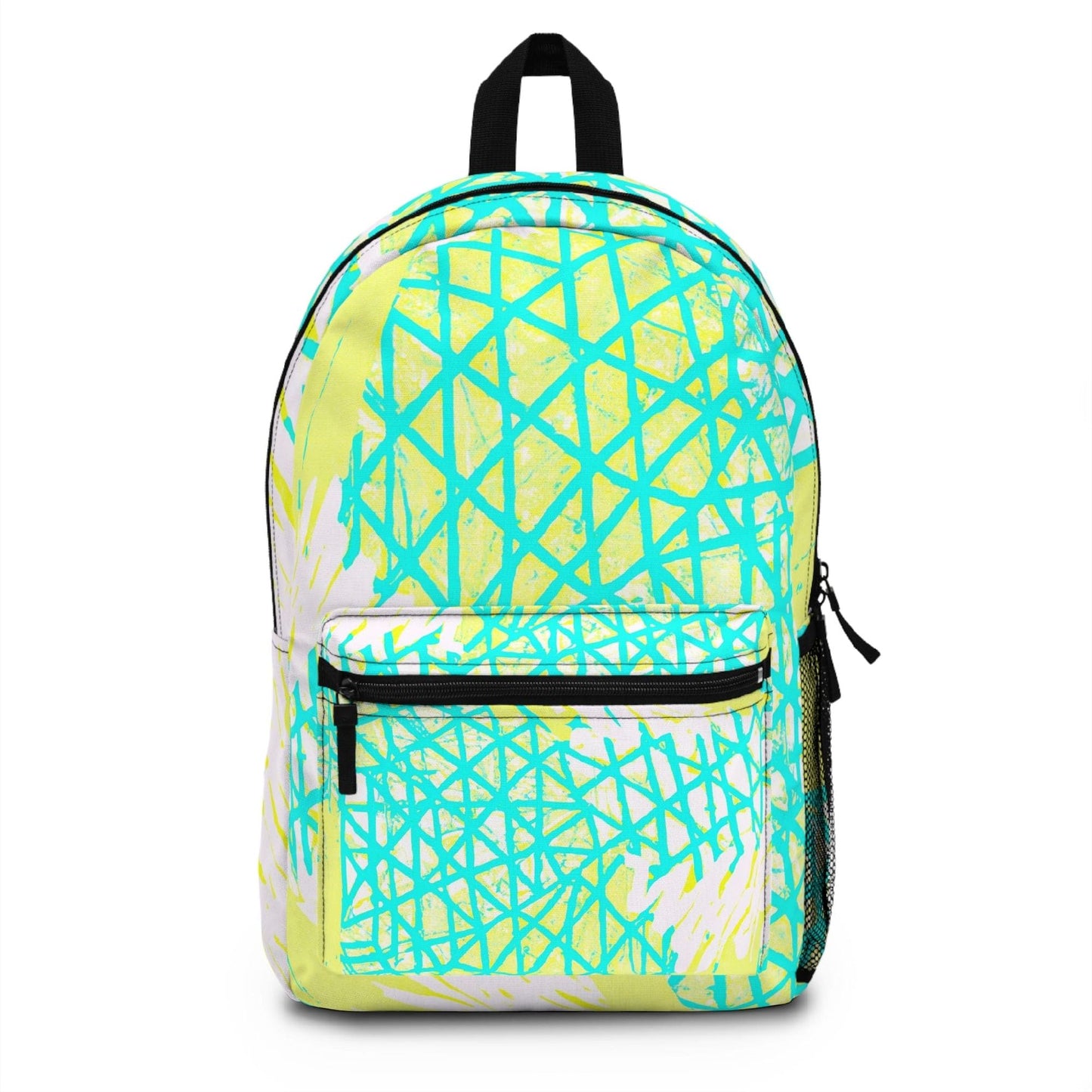 Backpack - Large Water-resistant Bag, Cyan Blue Lime Green And White Pattern