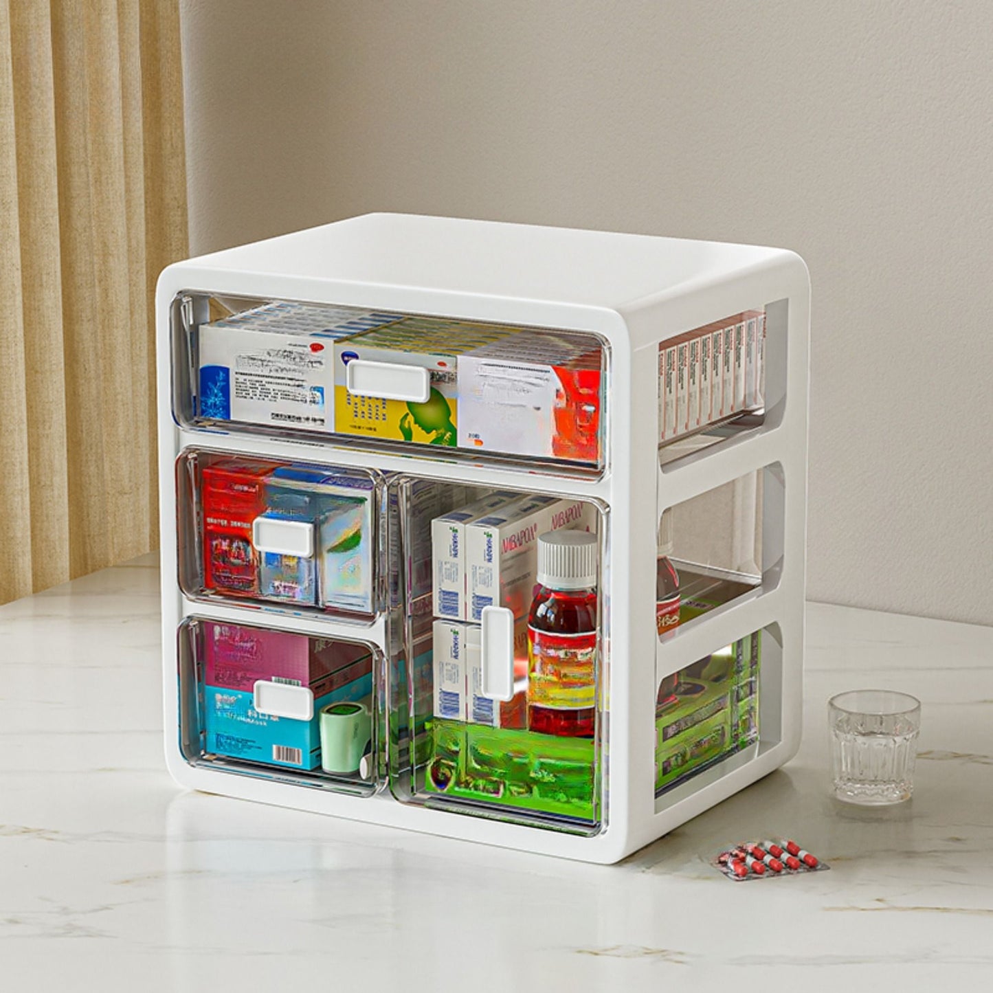 Drawer style plastic storage box organizer/multifunctional storage container, used for storing drugs, cosmetics, office supplies, etc