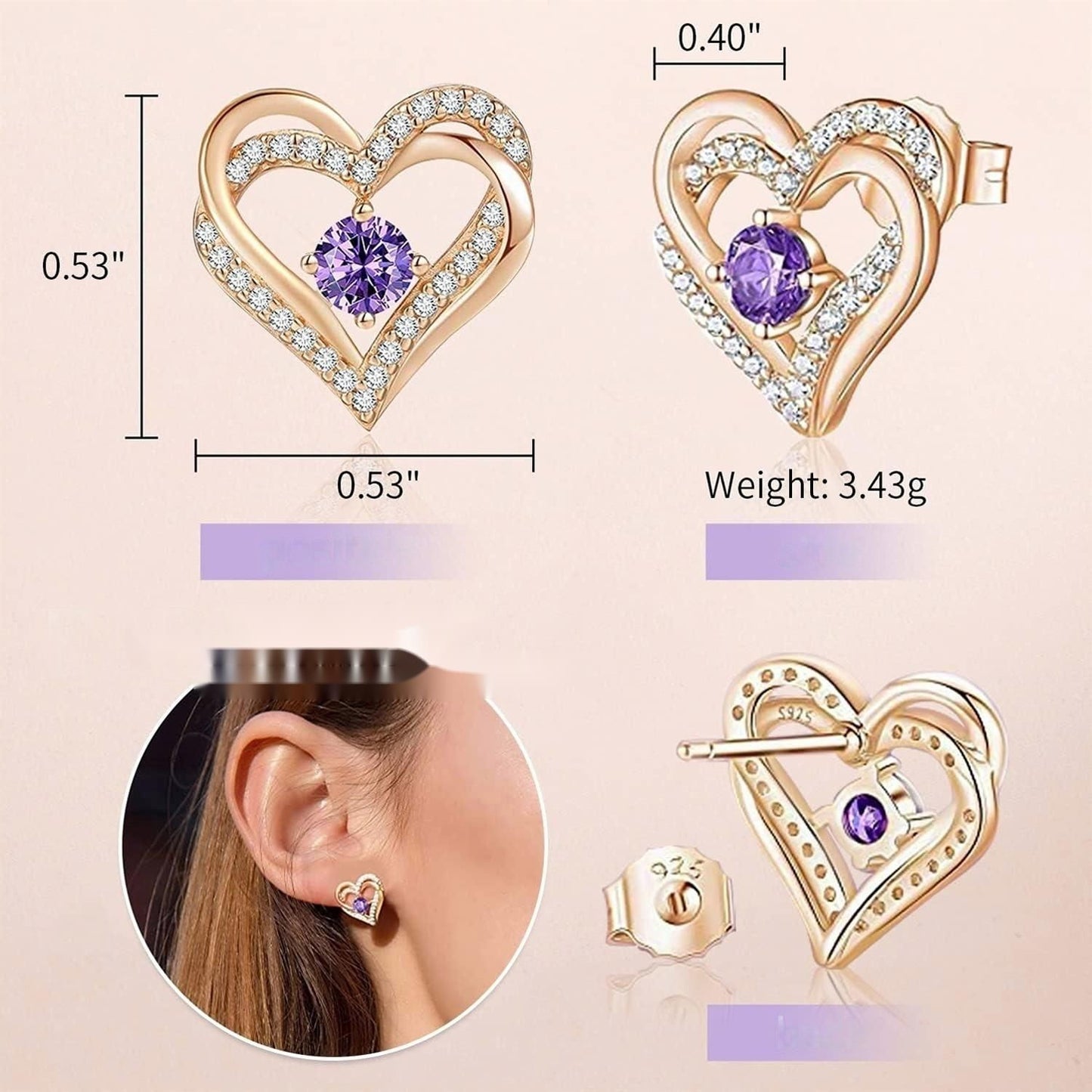 Women's Eternal Love Heart Shaped Earrings, 925 Sterling Silver Birthstone Heart Shaped Earrings  Mother's Day Gift Anniversary Birthday Jewelry Gift for Women Wife"