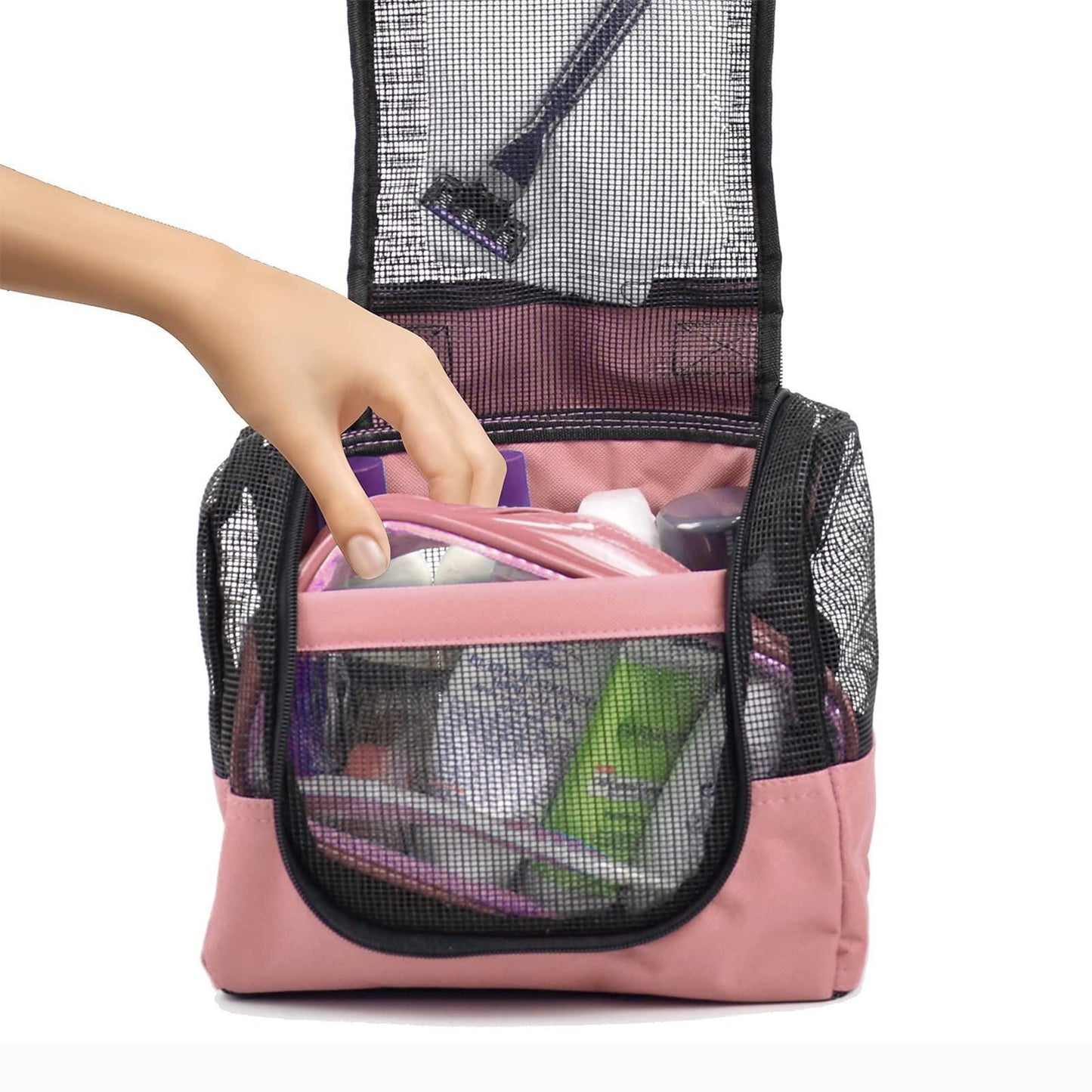 Portable Hanging Shower Caddy Organizer with 1 Free Toiletries Case Quick Dry Mesh Shower Caddy Tote Bag Included 1 Metal Hook Perfect for Dorm Camp Travel Gym Pink