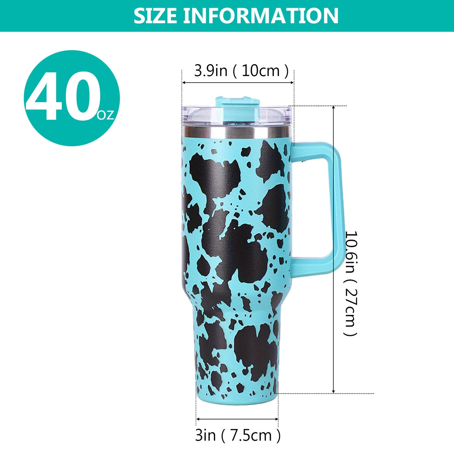 40oz 5D cowprint Insulated Tumbler With Handle And Straw Lid Portable Large Capacity water bottle, Heat preservation,304 Stainless Steel Cup For Outdoor Sports, Travel & Camping Birthday Gift