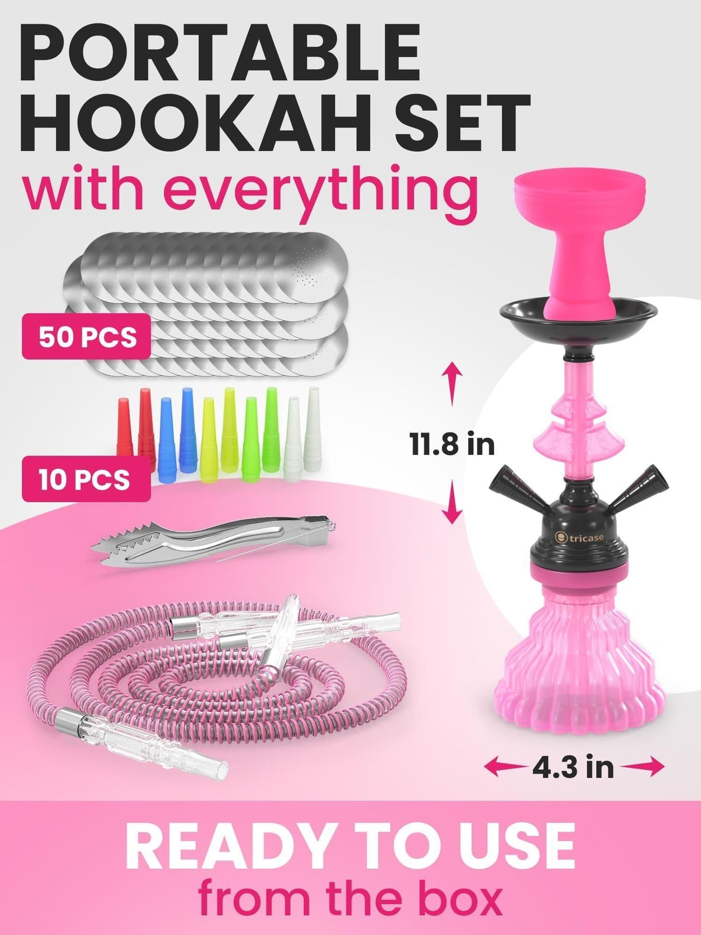 Hookah set with everything Pink Hookah Set 2 Hose Hookah LilOne 12” Pink Mini Hookah 2 Hose Hookah Set with 50x Foil Big Silicone Bowl 10x Tips 2x Mouthpiece 2x Hookah Hose Tongs