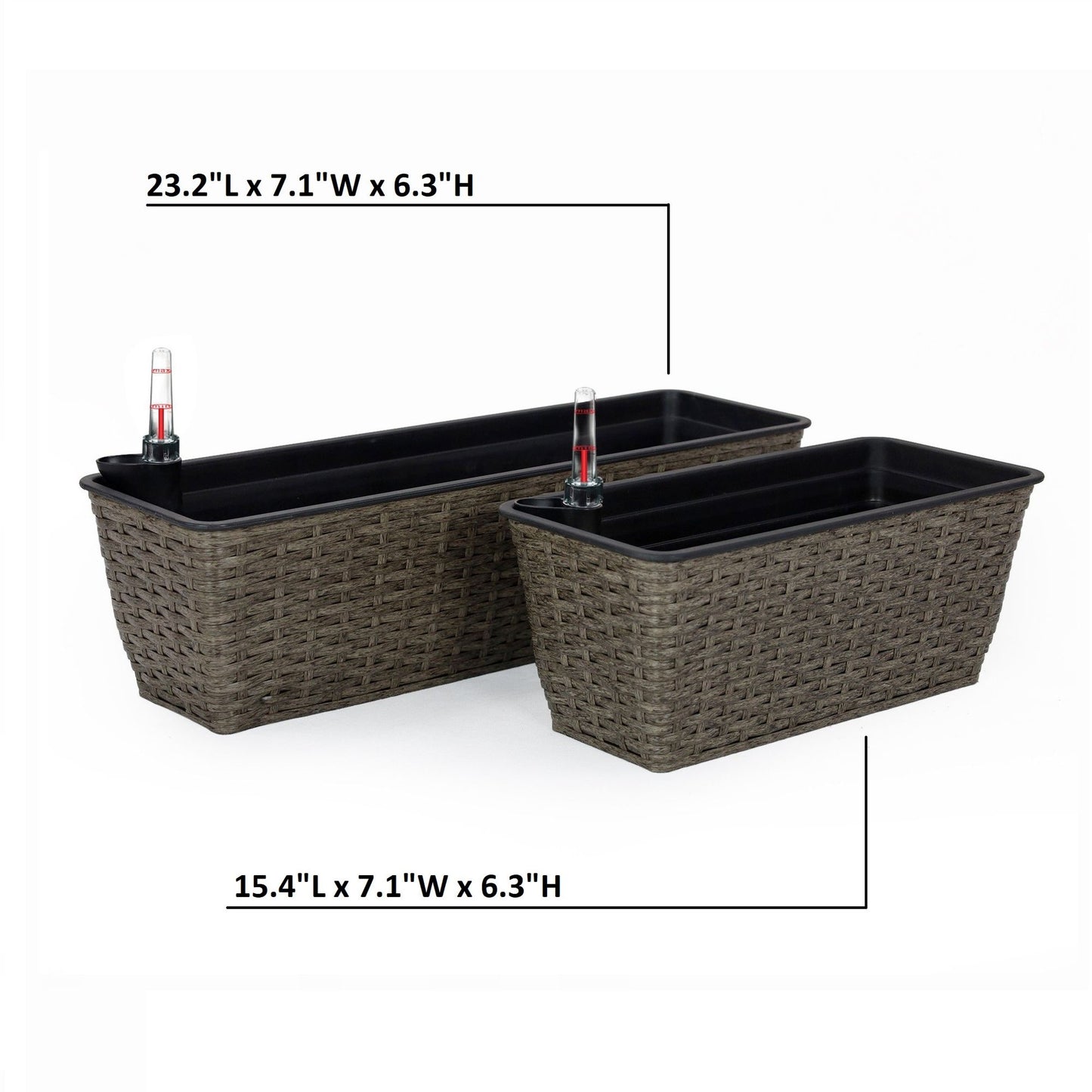 2-Pack Self-watering Planter - Hand Woven Wicker - Rectangular - Dark Gray