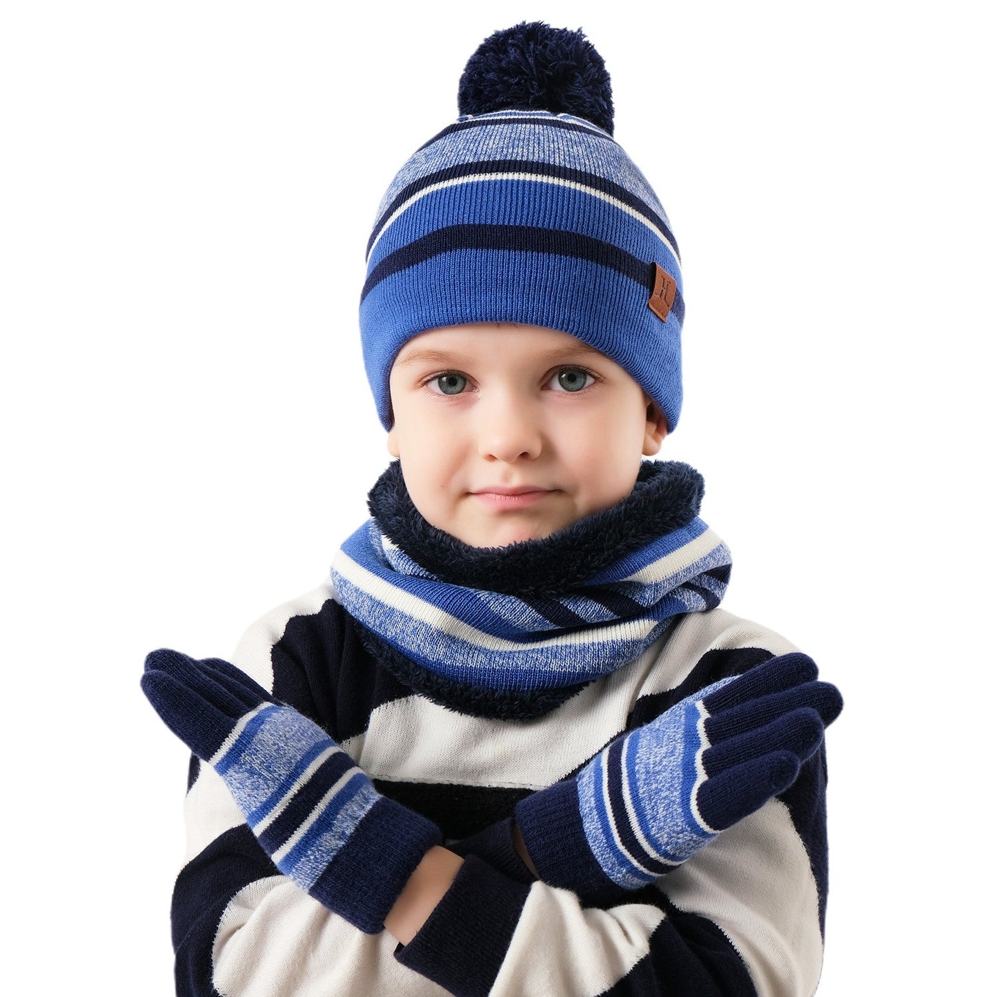 Winter Kids Knitted Hat Scarf Gloves 3Pcs Boys Girls Winter Warm Beanie Hat and Glove Scarf Set Beanie Neck Warmer Mittens for 4-7-Year-Old Kids