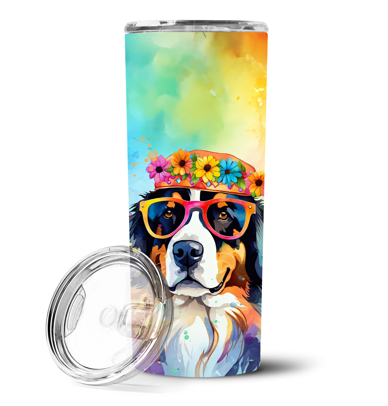 Bernese Mountain Dog Hippie Dawg Stainless Steel Skinny Tumbler Vacuum Double Walled Reusable Insulated Tumbler Travel Cup for Coffee Cocktails Gift with Lid, 20 oz