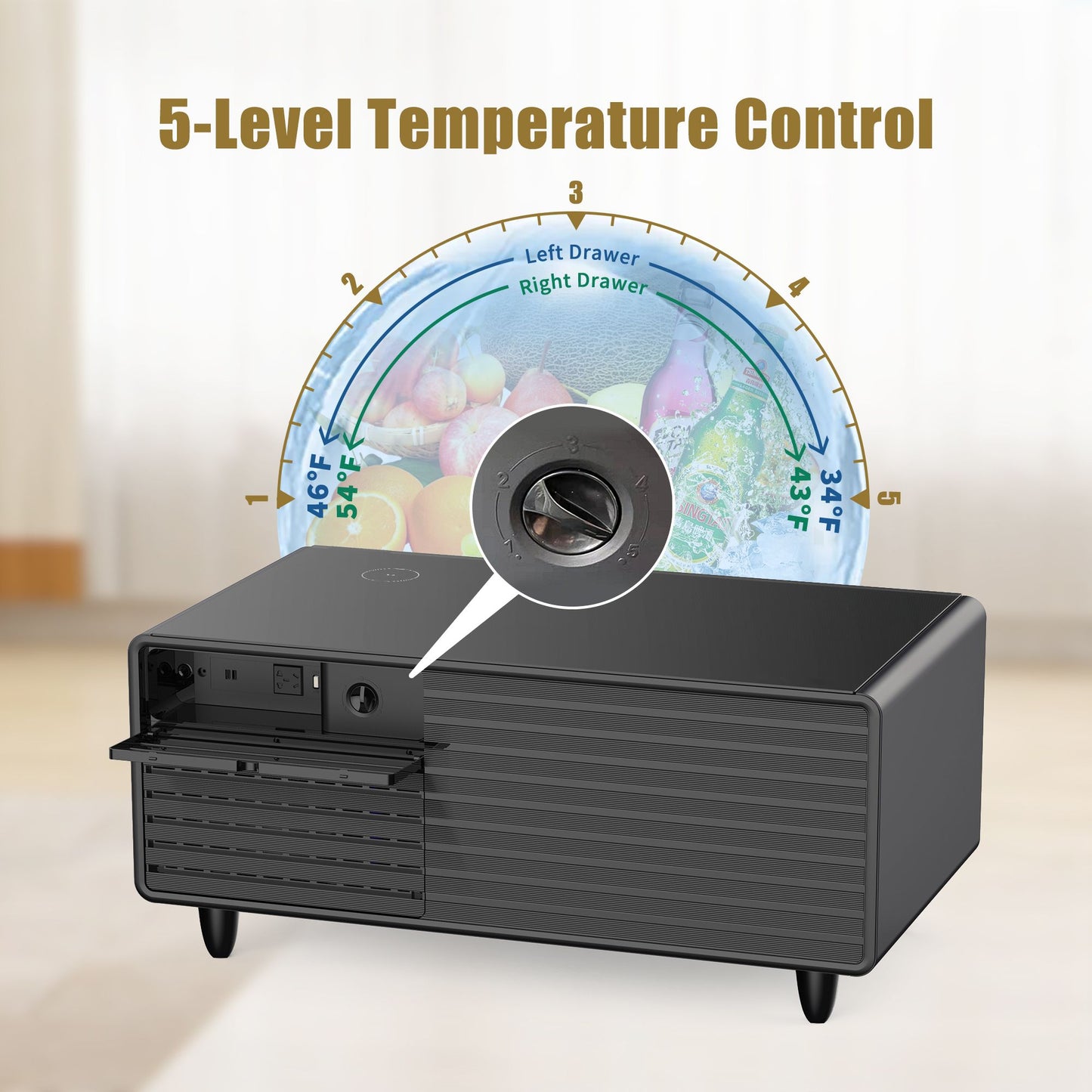 Modern Smart mini Coffee Table with Built in Fridge;  Outlet protection; Wireless charging module; Mechanical temperature control; Power socket; USB interface And power interface.